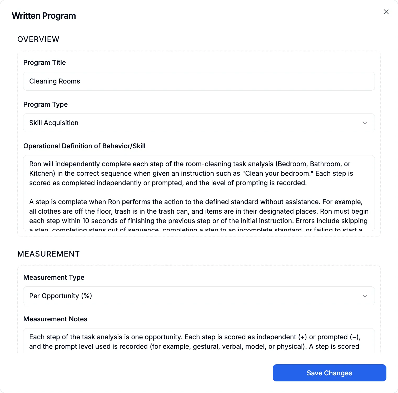 The written program for Cleaning Rooms on the web: a skill acquisition program, its operational definition for completing each step of the room-cleaning task analysis, and its measurement, per opportunity, with measurement notes