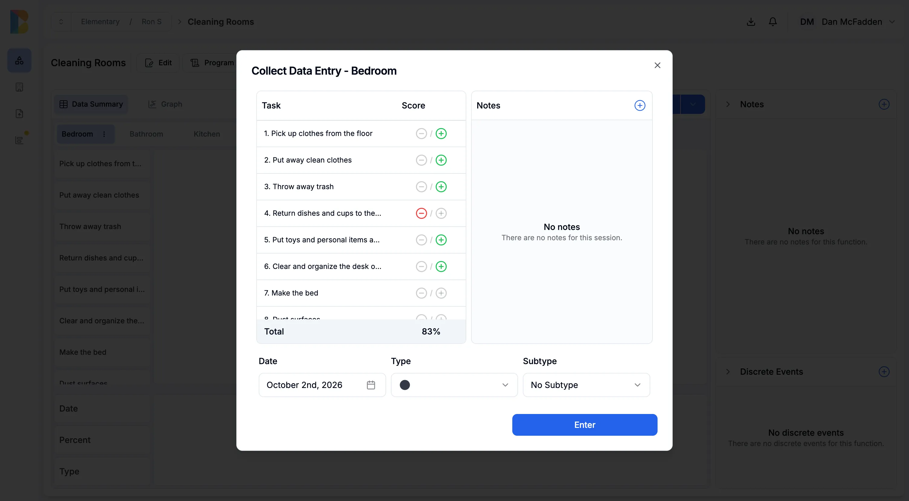 Collecting data on the web: the data entry dialog for the bedroom steps of Ron S’s Cleaning Rooms program, each step scored plus or minus for a total of 83%, with notes beside it and the date, type and subtype below