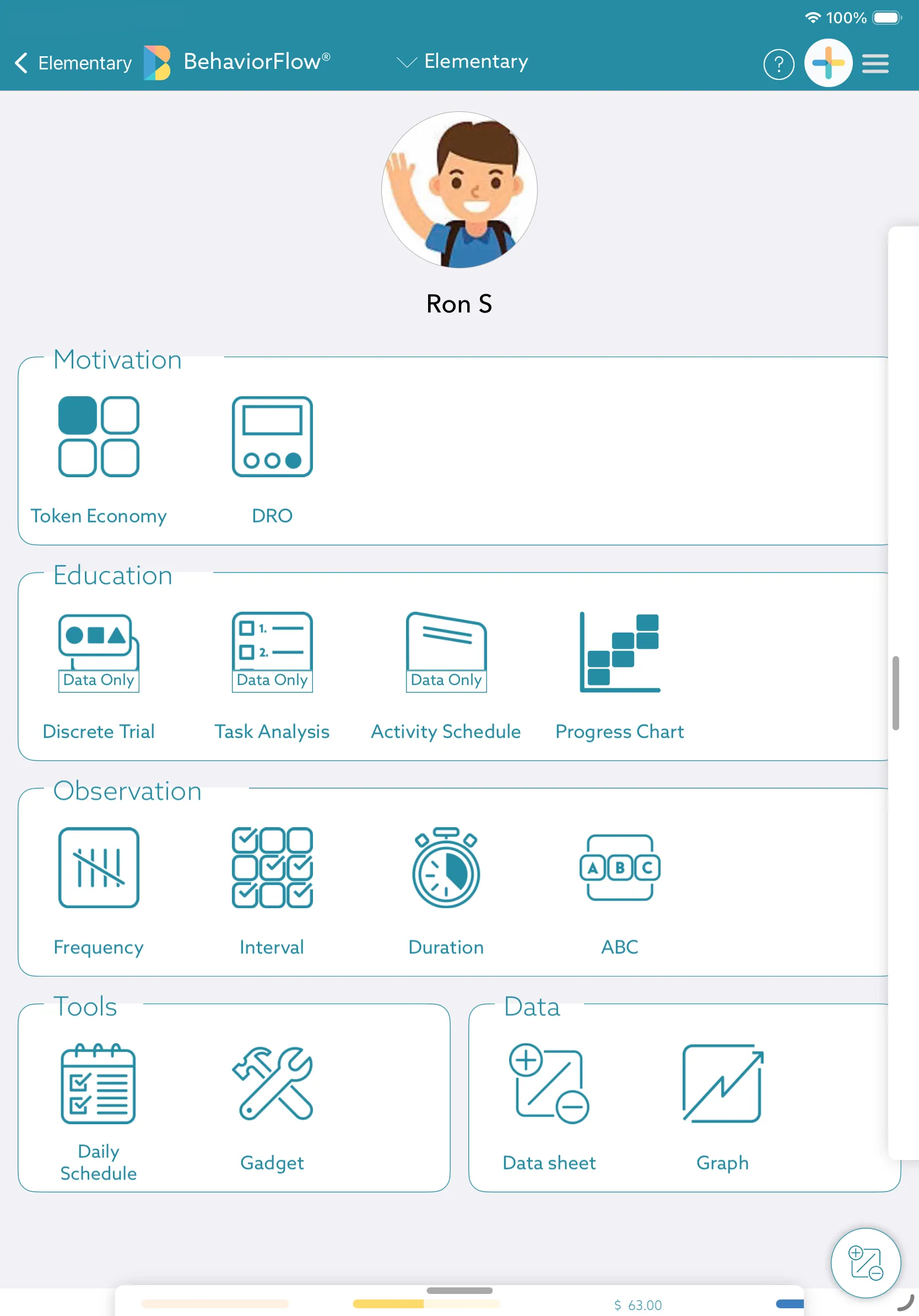 BehaviorFlow on the iPad: Ron S’s student homepage, his programs and tools grouped under motivation, education, observation, tools and data